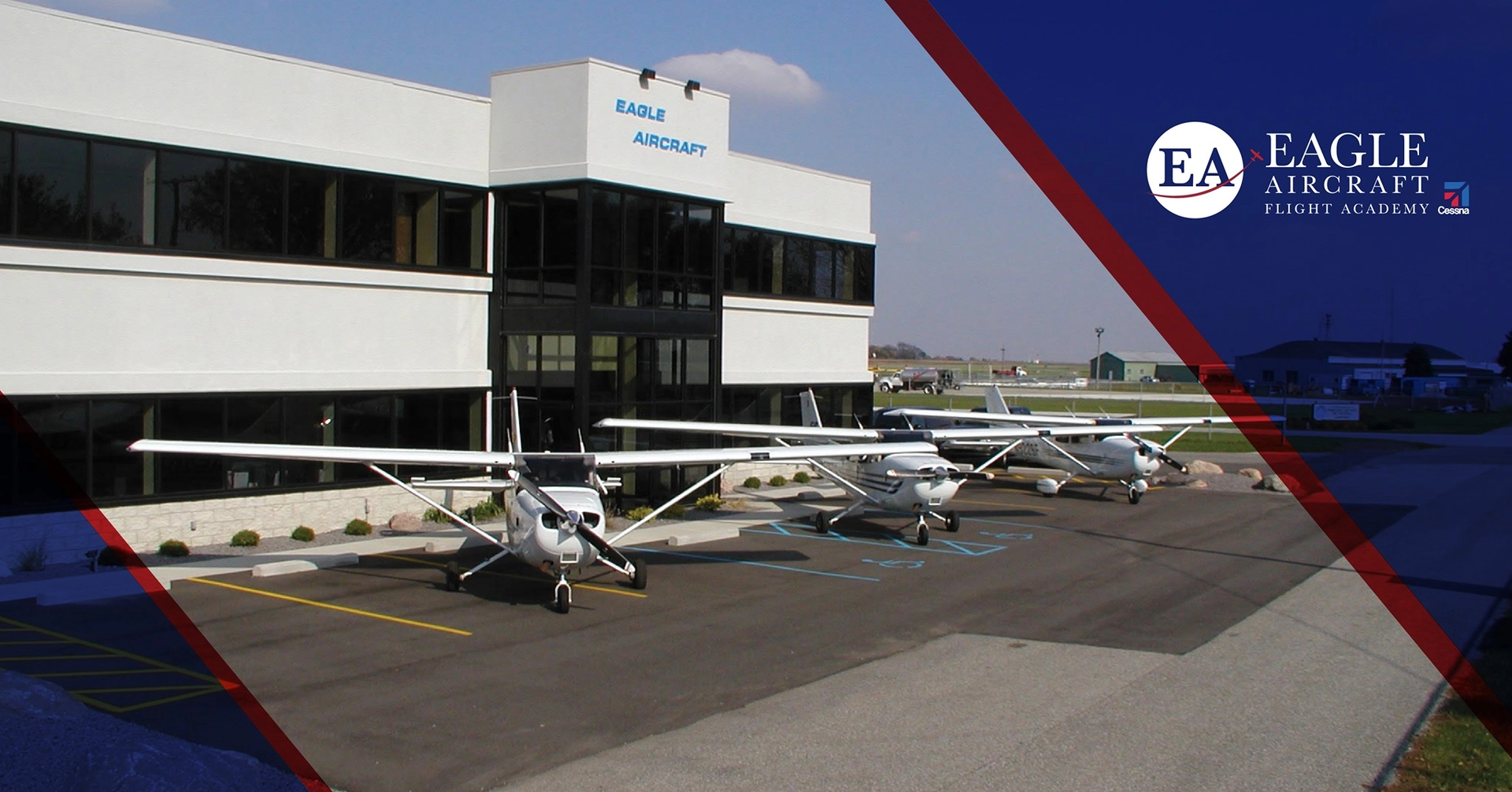 Eagle Aircraft Flight Academy headquarters with three airplanes