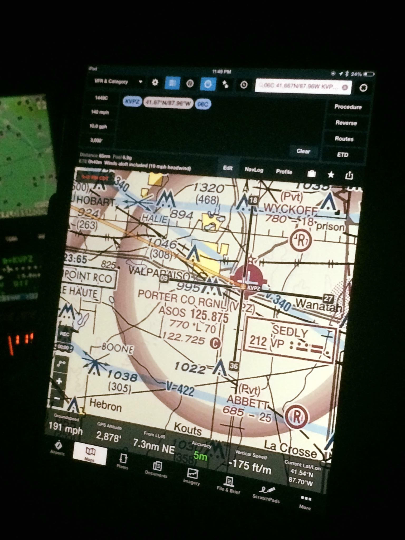 Flight chart showing Indiana and nearby Chicago-area navigation planning for student pilots